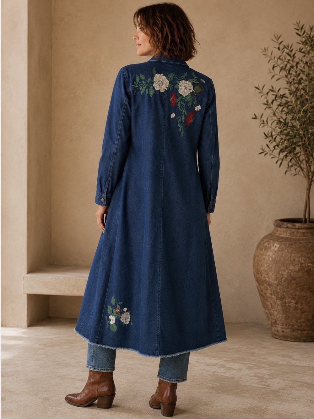 Reborn Longline Denim Jacket Duster Floral Embroidered Blue Large Western Boho